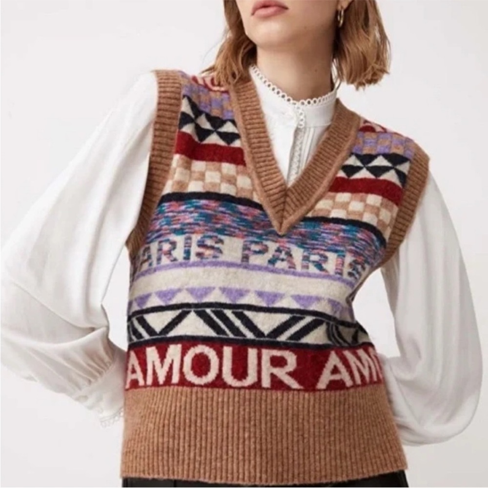 SUNCOO Pitrah Sweater vest check‎ fair isle - Camel size XS wool blend